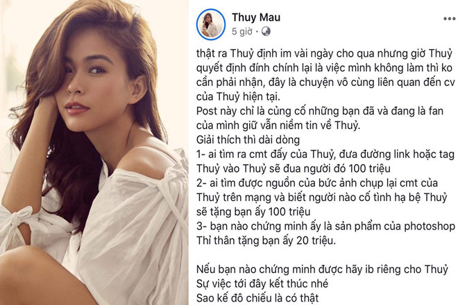 Mâu Thủy tuyên bố tặng 100 triệu cho người chứng minh cô 