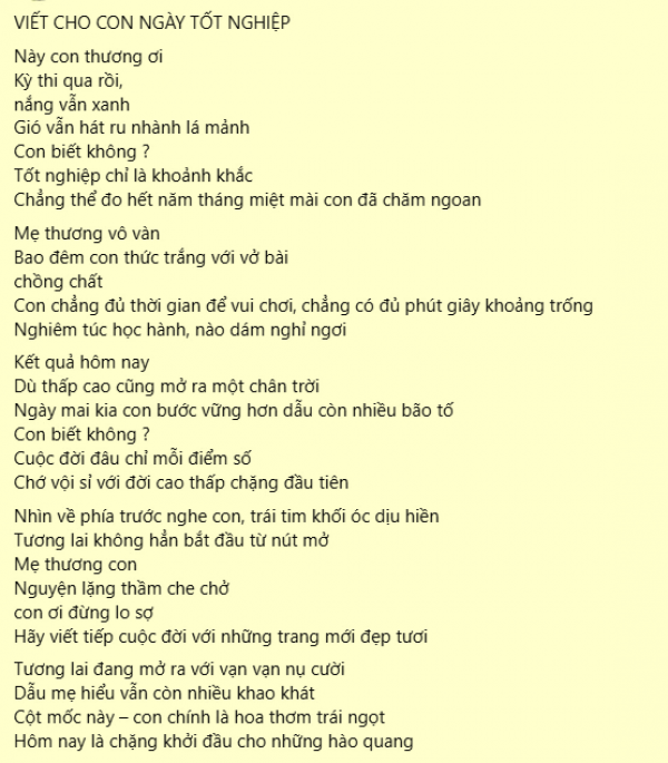 ”Viết cho con ngày tốt nghiệp” gây sốt mạng xã hội ”Viết cho con ngày tốt nghiệp” gây sốt mạng xã hội