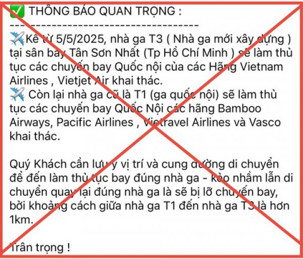 Bác bỏ thông tin ‘nhà ga T3 sân bay Tân Sơn Nhất sẽ hoạt động từ 5/5/2025’