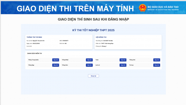 Giao diện bài thi tốt nghiệp THPT trên máy tính