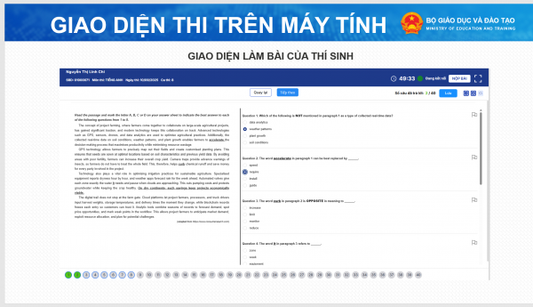 Giao diện bài thi tốt nghiệp THPT trên máy tính