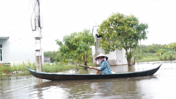 Khu tái định cư Cà Mau ngập sâu, dân dùng xuồng đi lại