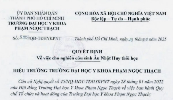 Lý do Âu Nhật Huy nộp đơn xin thôi học Trường ĐH Y khoa Phạm Ngọc Thạch