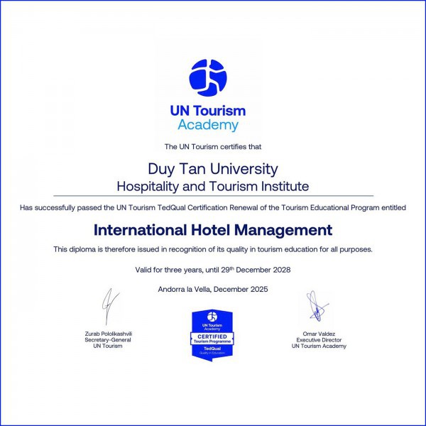 Ngành Du lịch của ĐH Duy Tân tiếp tục đạt UN Tourism TedQual trong đợt tái kiểm định