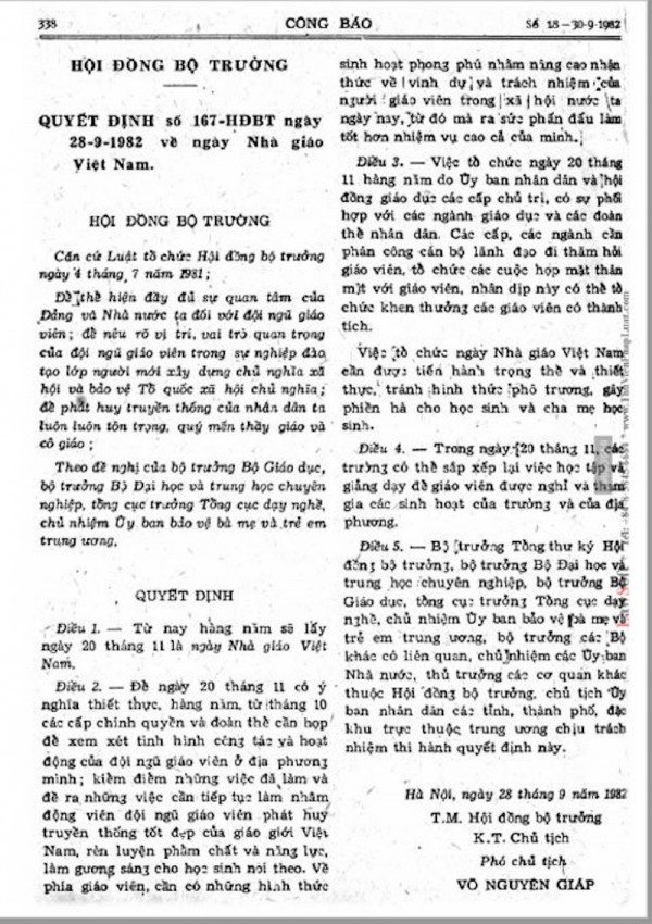 Ai đã ký quyết định ngày 20.11 là ngày Nhà giáo Việt Nam?