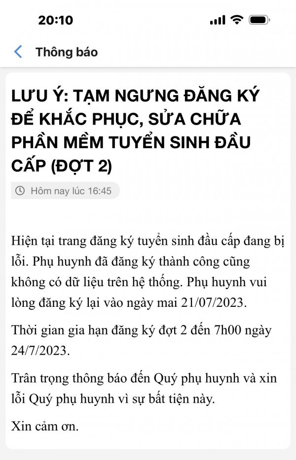 Hệ thống tuyển sinh đầu cấp bị lỗi, Q.1 (TP.HCM) gia hạn thời hạn đăng ký