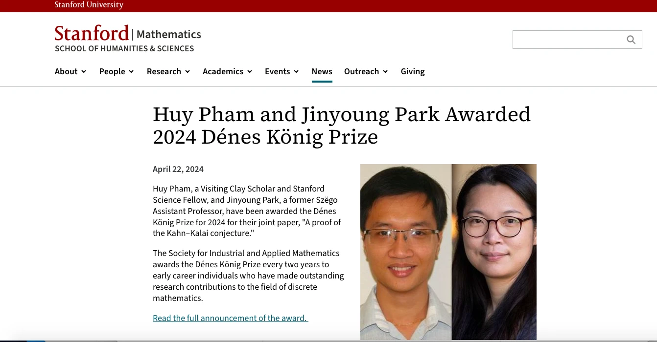 Nhà toán học Việt Nam được hội toán học tại Mỹ ghi nhận Nhà toán học Việt Nam được hội toán học tại Mỹ ghi nhận