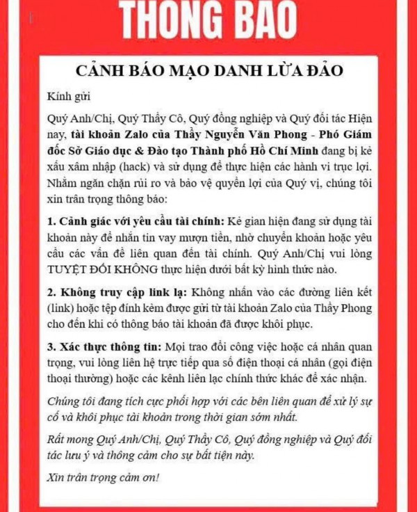 Phó giám đốc Sở GD-ĐT TP.HCM bị hack Zalo phát tán tin nhắn lừa đảo mượn tiền