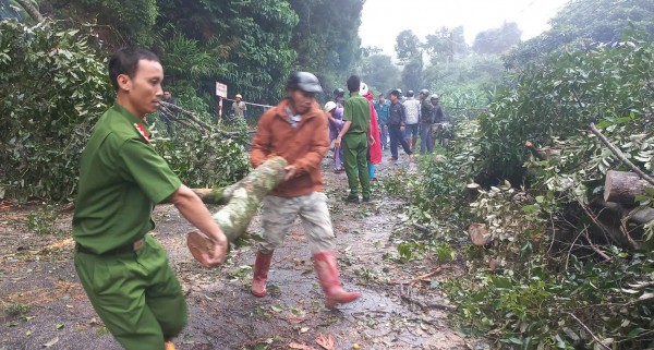 Công an tỉnh Lâm Đồng dọn cây cối, đất đá sạt lở trên QL27