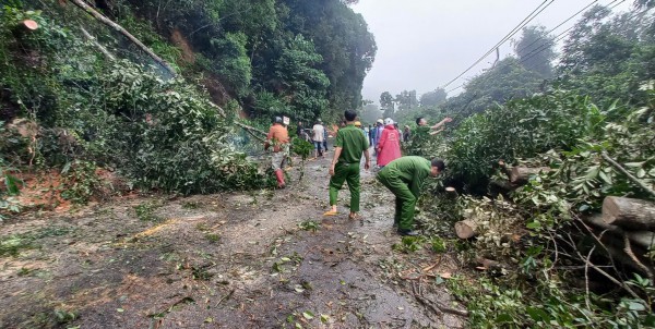 Công an tỉnh Lâm Đồng dọn cây cối, đất đá sạt lở trên QL27