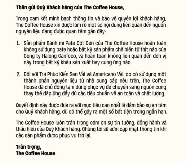 Vụ Công ty Đồ hộp Hạ Long: The Coffee House ra thông báo mới
