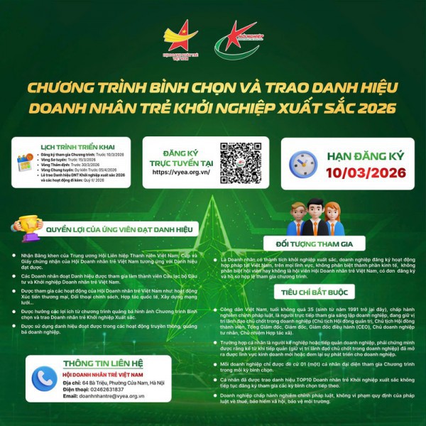 Khởi động Chương trình bình chọn và trao danh hiệu Doanh nhân trẻ khởi nghiệp xuất sắc năm 2026