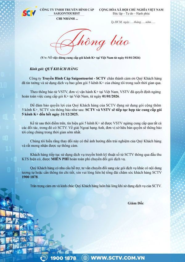 THÔNG BÁO: Dừng cung cấp gói kênh K+ tại Việt Nam từ ngày 01/01/2026
