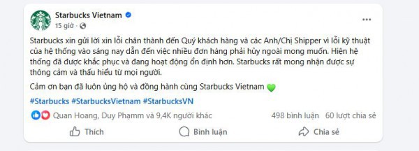 Starbucks Việt Nam xin lỗi shipper vì sự cố đơn hàng giá 0 đồng