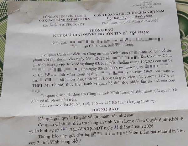 Khởi tố vụ án giao cấu có liên quan thầy giáo dạy toán ở Vĩnh Long
