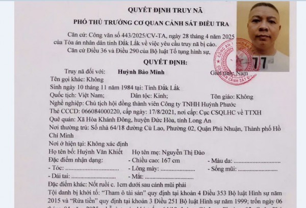 Truy nã Huỳnh Bảo Minh, cựu Chủ tịch HĐTV Công ty Huỳnh Phước Truy nã Huỳnh Bảo Minh, cựu Chủ tịch HĐTV Công ty Huỳnh Phước
