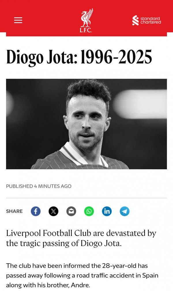 CLB Liverpool nói gì về sự qua đời đầy đau đớn của Diogo Jota?