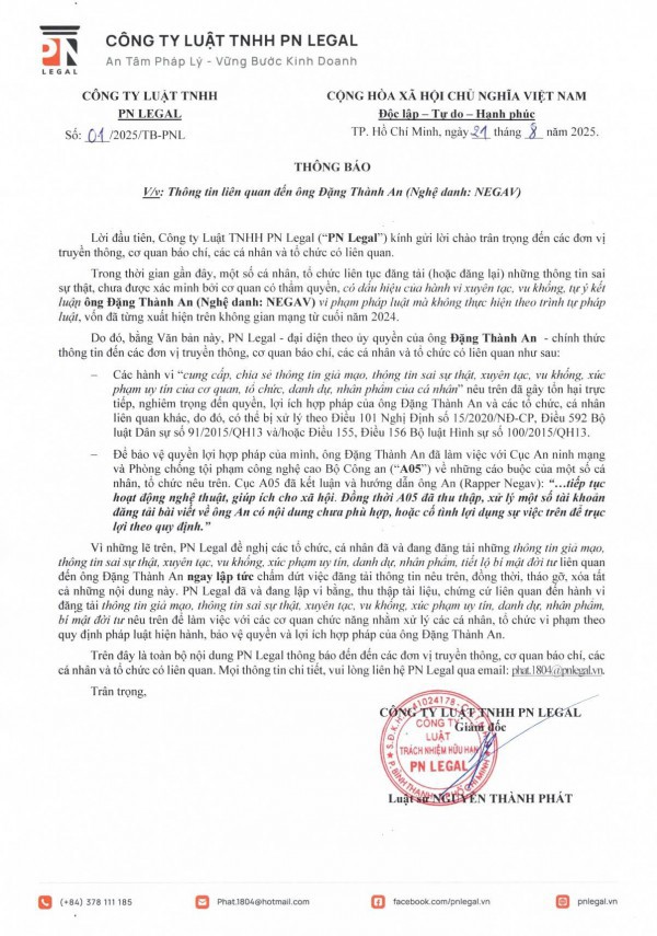 Cục An ninh mạng xác minh văn bản của công ty luật liên quan rapper Negav