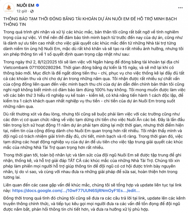 Tạm đóng băng tài khoản dự án 