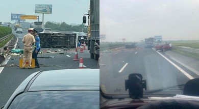 Hà Nội: Va chạm giữa 2 ô tô trên cao tốc Pháp Vân - Cầu Giẽ, giao thông ùn tắc