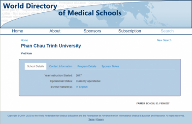 Trường ĐH Phan Châu Trinh có tên trong Danh mục các trường Y khoa Thế giới